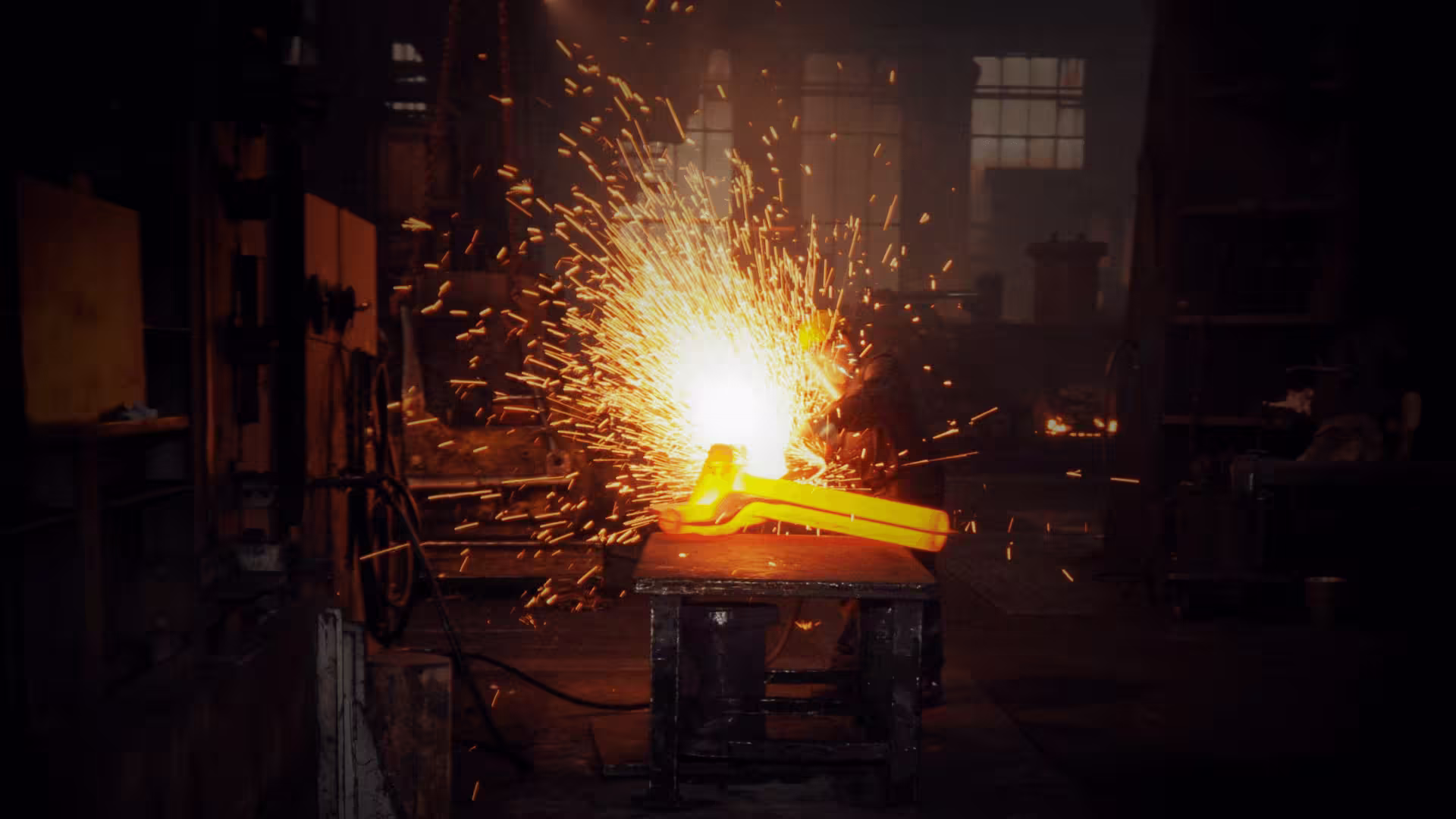 Sparks and molten metal during industrial processing